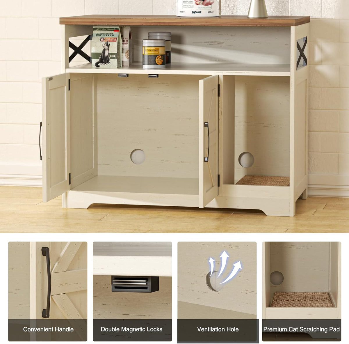 Cat Litter Box Enclosure, Hidden Litter Box Furniture with Scratch Pad, Farmhouse Indoor Cat House
