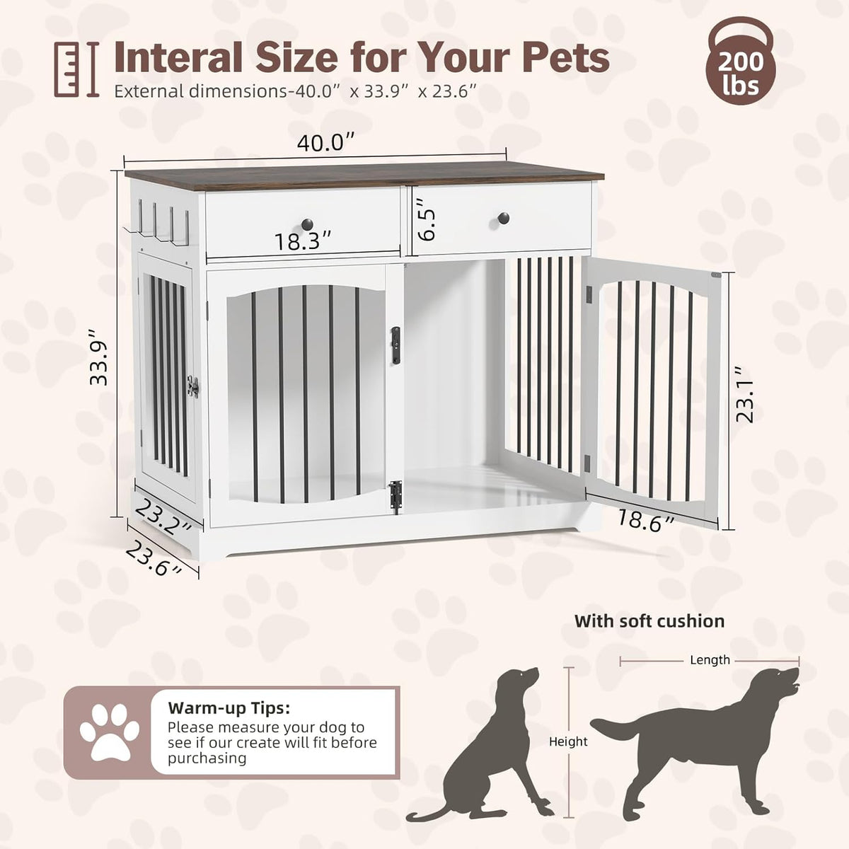 40 Inch Furniture-Style Dog Crate-Multipurpose Wood Pet Crate Furniture with Double Doors,2