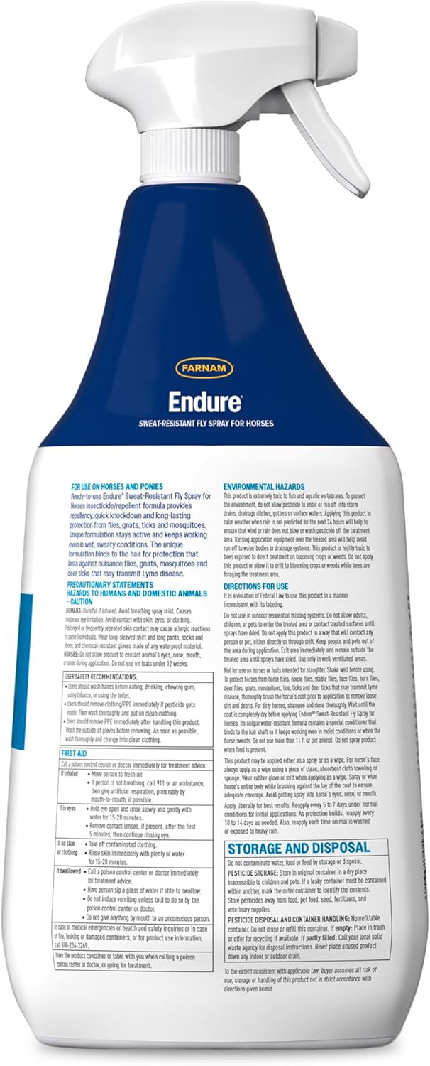 Farnam Endure Sweat-Resistant Fly Spray for Horses, Lasts Up to 14 Days, Protects Against Flies