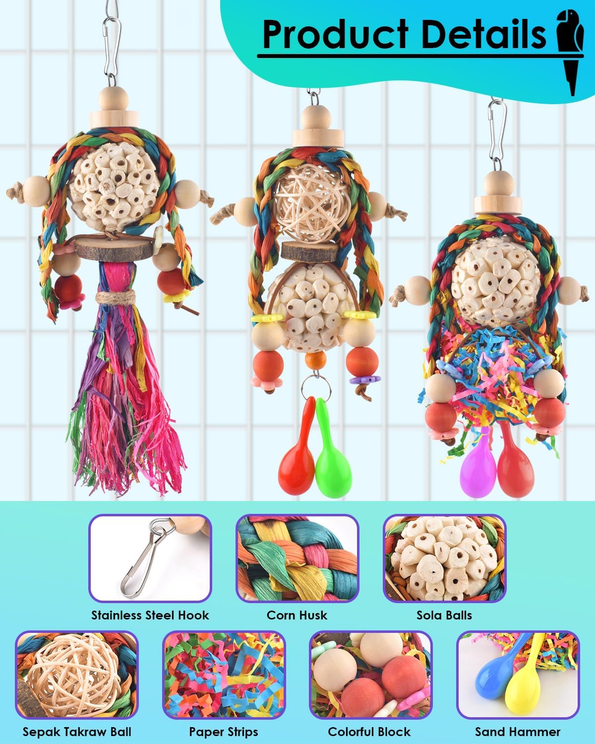 Bissap 3PCS Bird Parrot Foraging Shredder Hanging Toys Sola Balls with Sand Hammer for Small
