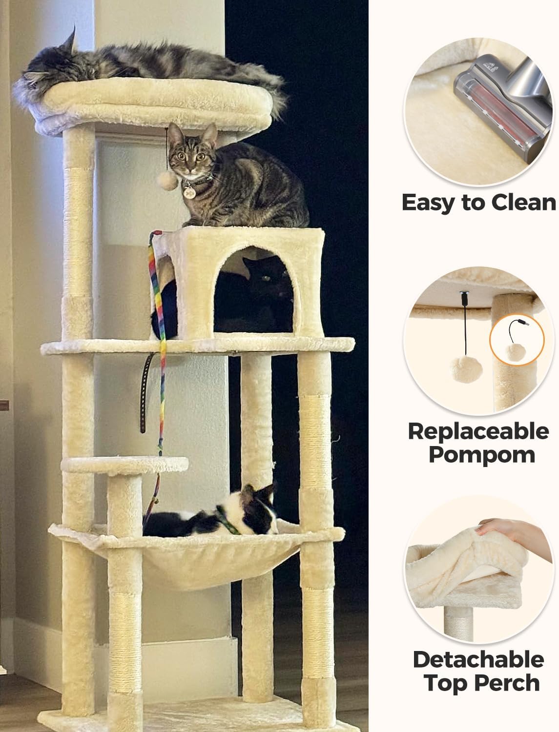 Cat Tree for Large Cats Adult with Metal Plush Big Hammock, 56.3" Cat Tower with 2 Door Condo