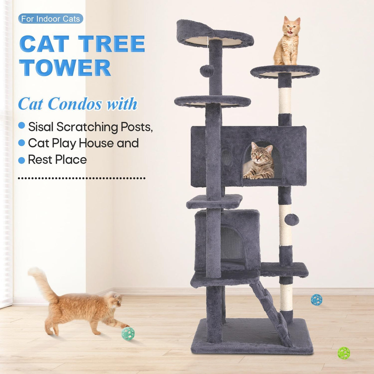 FDW Cat Tree 54in Cat Tower Multi-Level Durable Cat Scratching Post & Cozy Fun Cat Jumping Platform