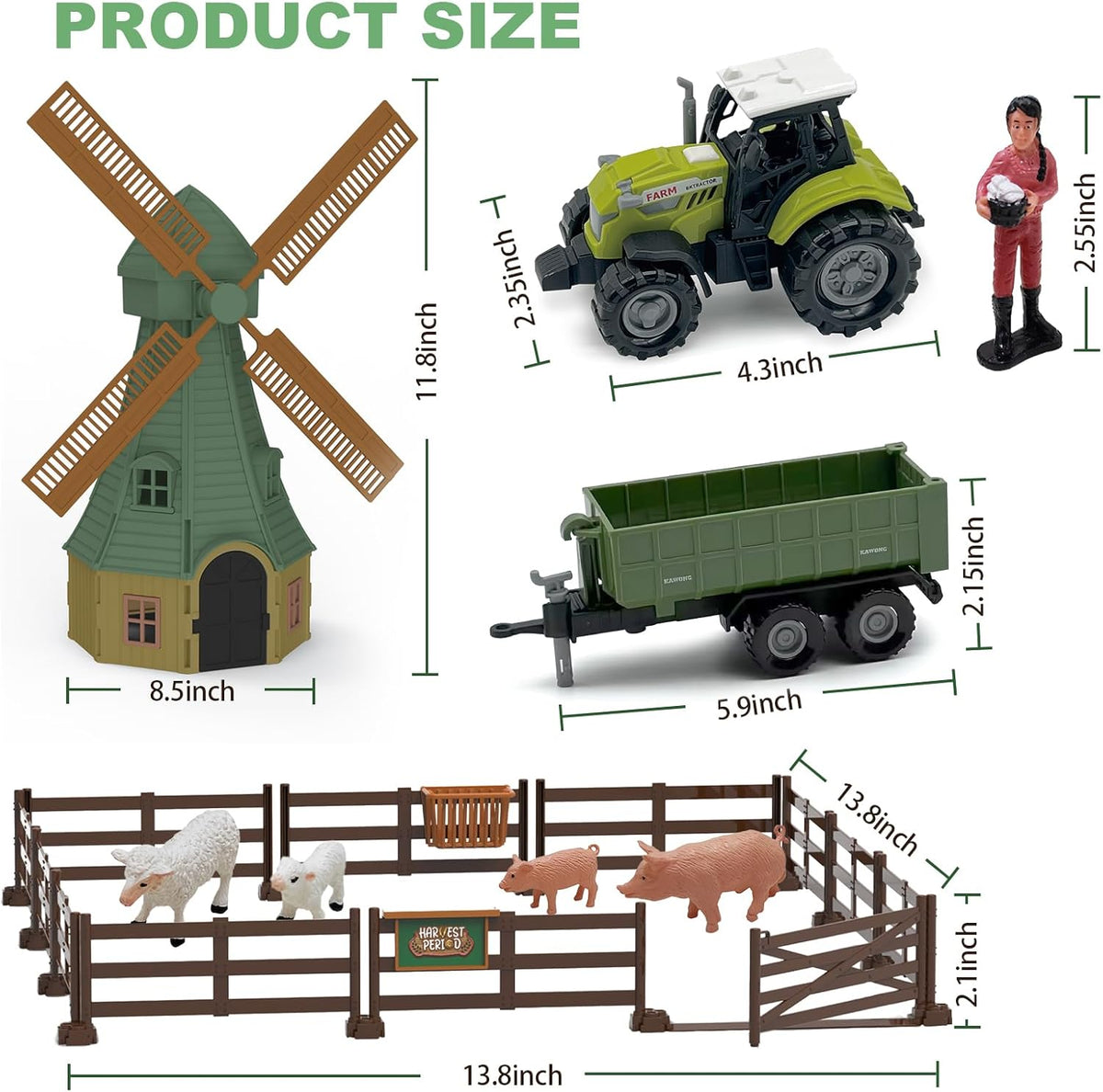 82PCS Farm Animals Toys Set Comes with Tractor Trailer, Windmill, Farmer, Fence - Playset for Kids