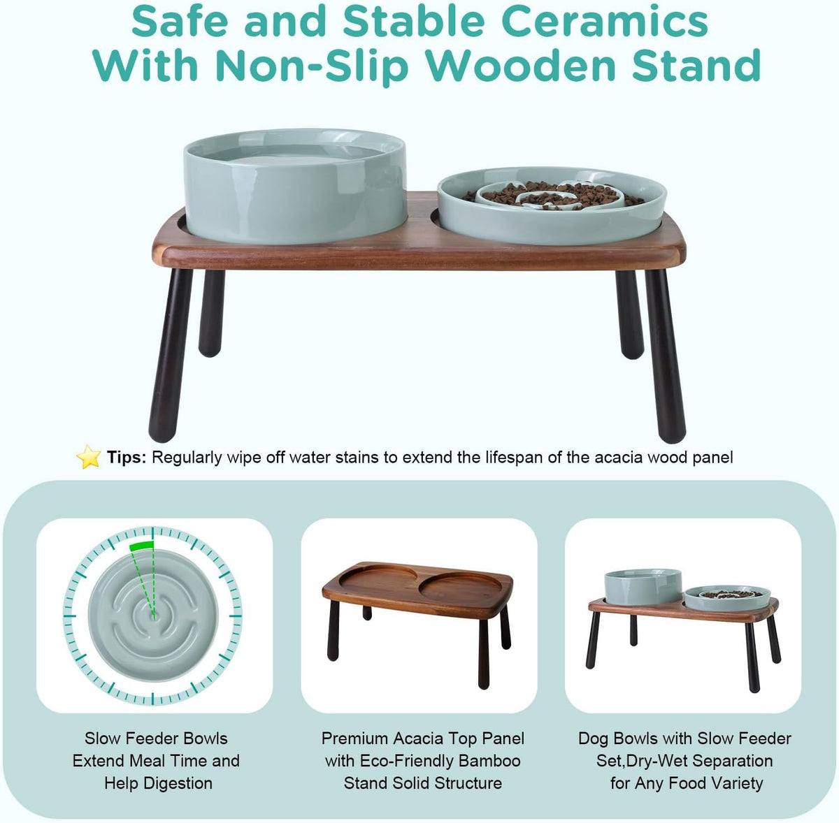 SPUNKYJUNKY Ceramic Elevated Dog Bowls with Slow Feeder Raised Acacia Bamboo Wooden Stand, 8.3''