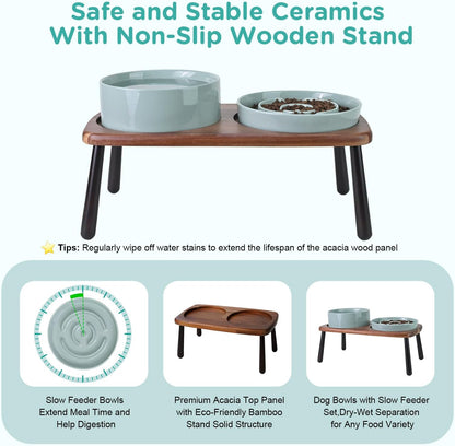 SPUNKYJUNKY Ceramic Elevated Dog Bowls with Slow Feeder Raised Acacia Bamboo Wooden Stand, 8.3''
