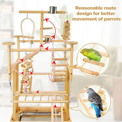 Bird Playground - Natural Wood Parrot Playstand with Perches, Bird Play Gym & Accessories
