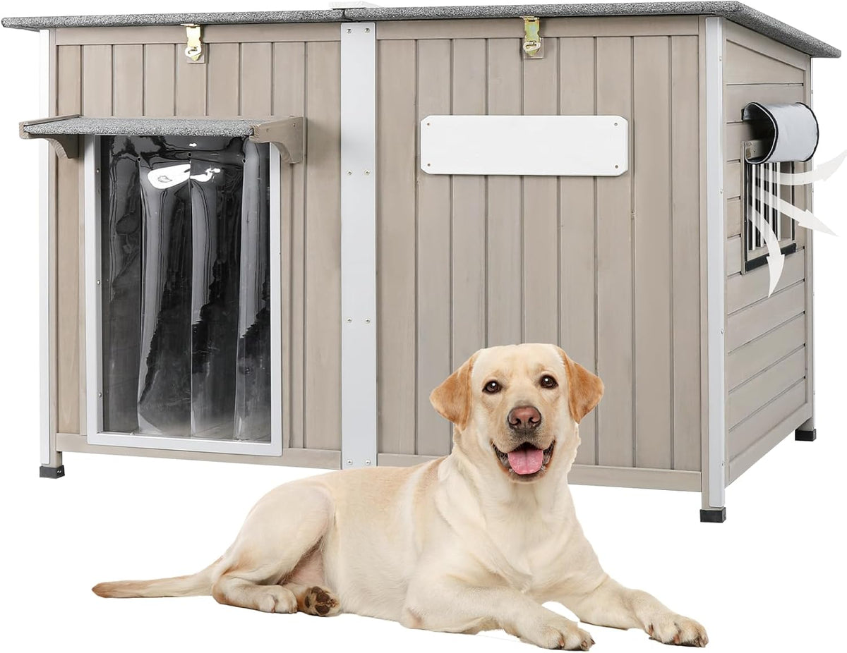 Dog House Outdoor Weatherproof & Wooden Dog Kennel with Chew-Proof Iron Frame，Removable Floor