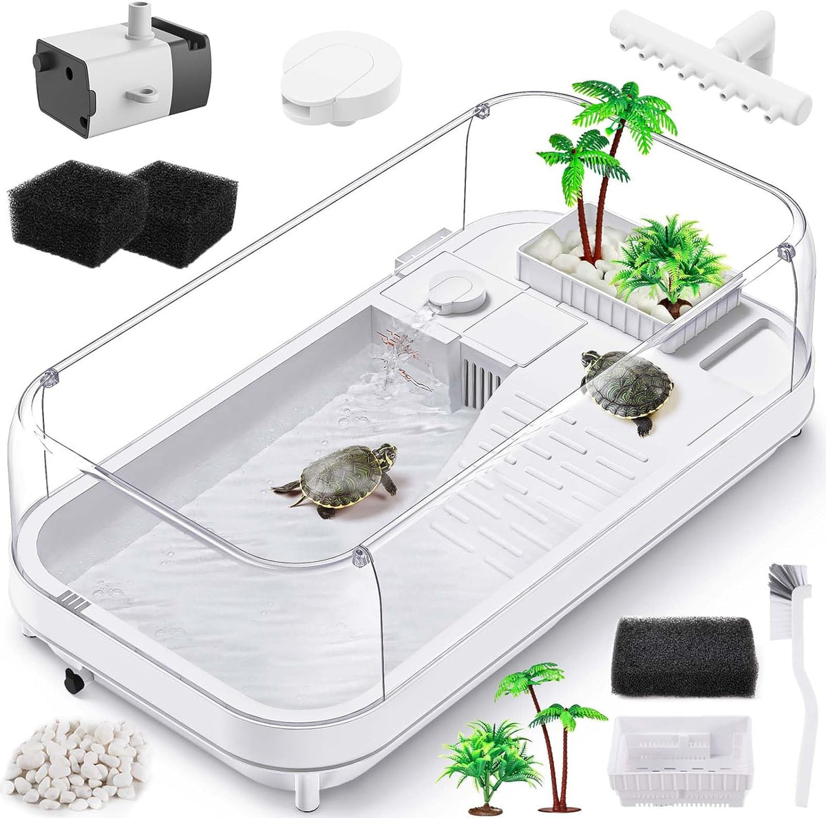 Large Turtle Tank with Water Pump, Acrylic Turtle Tank Starter Kit with Heightened and Curved