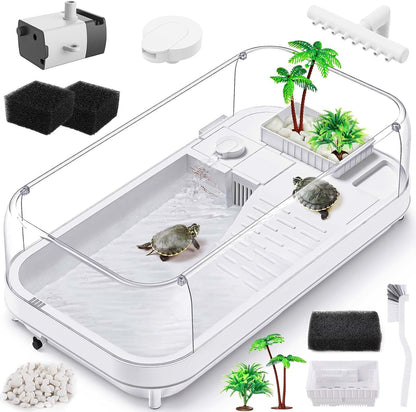 Large Turtle Tank with Water Pump, Acrylic Turtle Tank Starter Kit with Heightened and Curved
