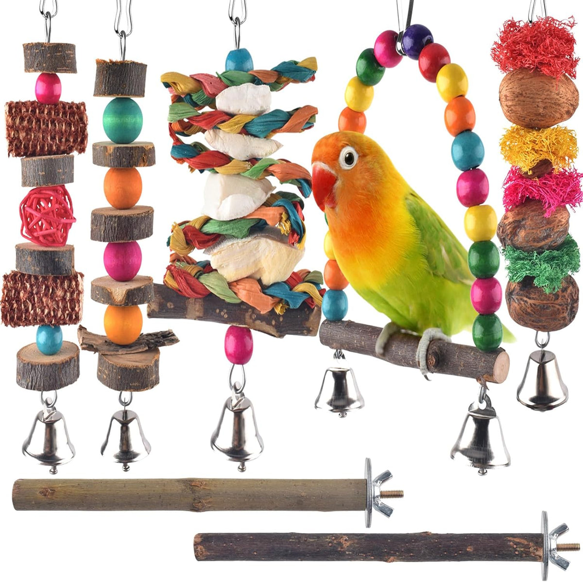 Bissap Bird Chew Toys, 7 Packs Parakeet Natural Wood Toys Parrot Hanging Cage Toy Bird Perch Stand