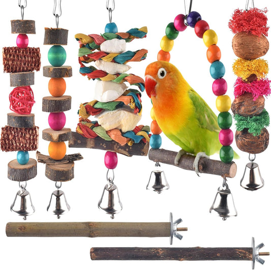 Bissap Bird Chew Toys, 7 Packs Parakeet Natural Wood Toys Parrot Hanging Cage Toy Bird Perch Stand