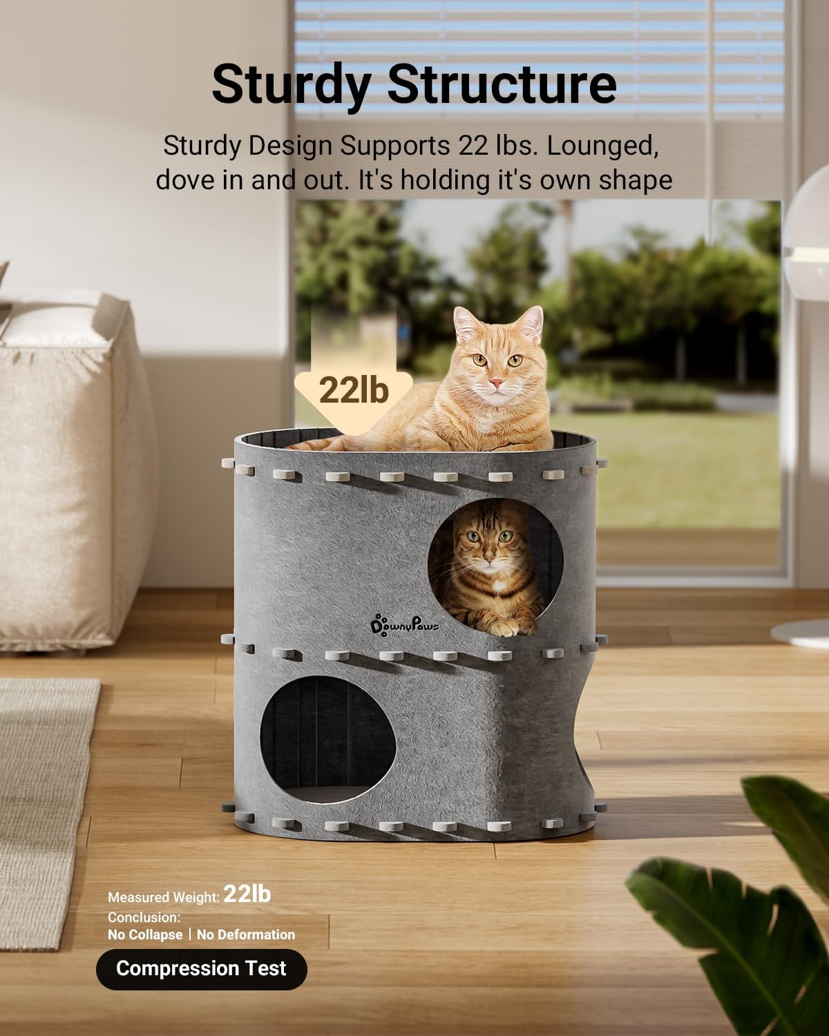 DownyPaws Cat House for Indoor Cats, 2-Storey Foldable Cat Bed Cave, Felt Cats Tunnel Bed Condo