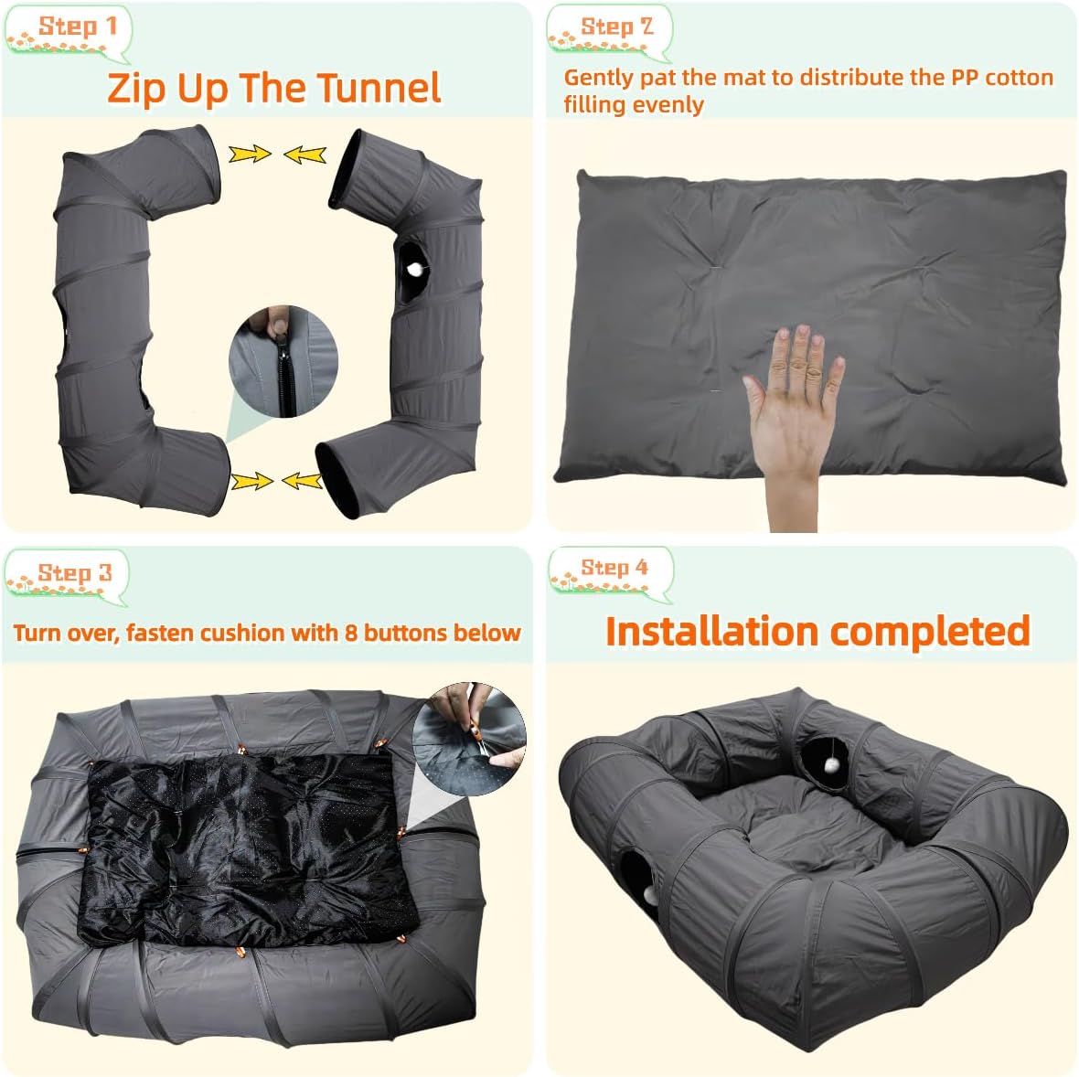 XxingSheep 4 Ways Shuttled XL Cat Tunnel Bed for Indoor Cats Peekaboo Cat Cave Donut with Cool Mat