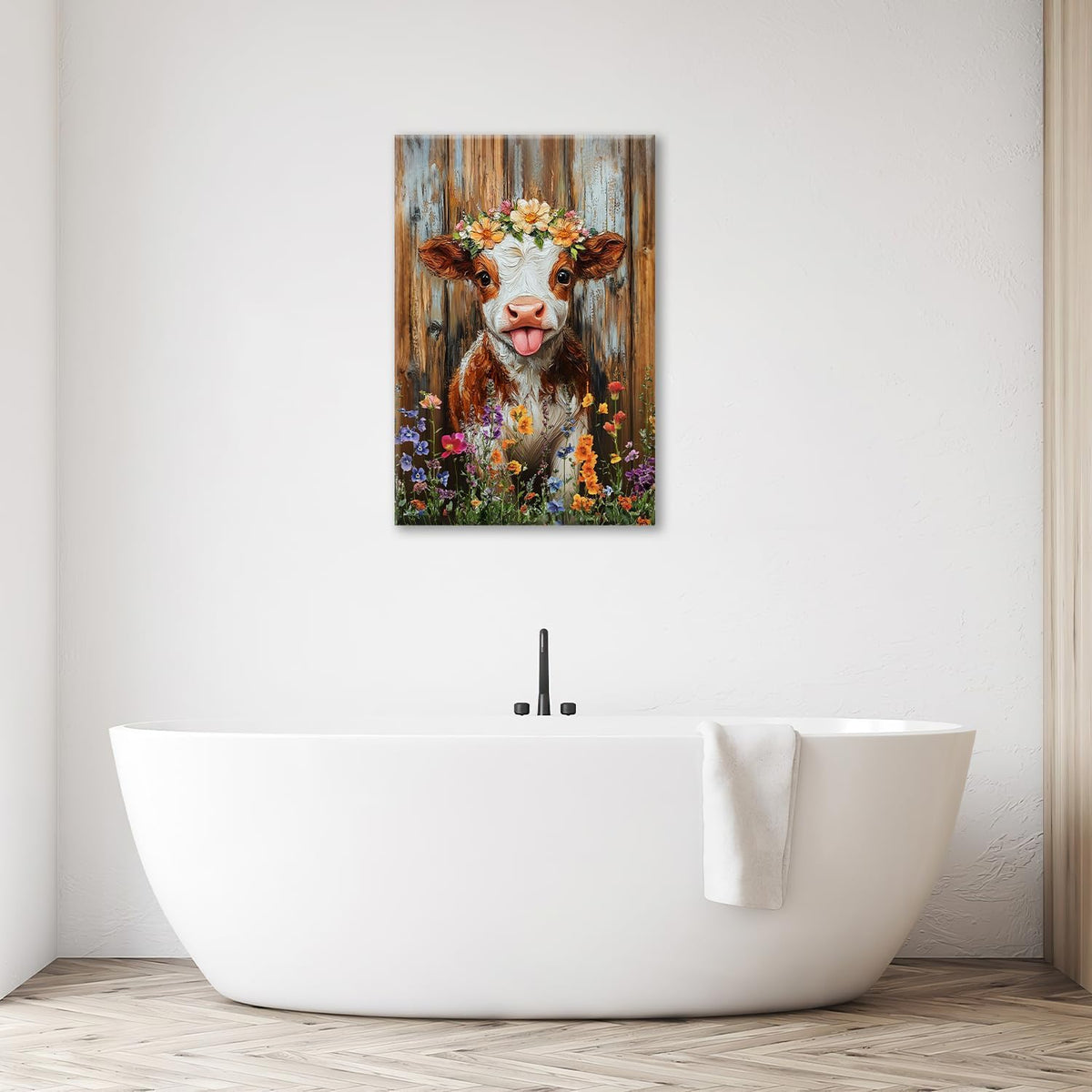 Funny Cow Bathroom Pictures Wall Art, Rustic Brown Cute Cow Bathroom Wall Decor, Farmhouse Floral