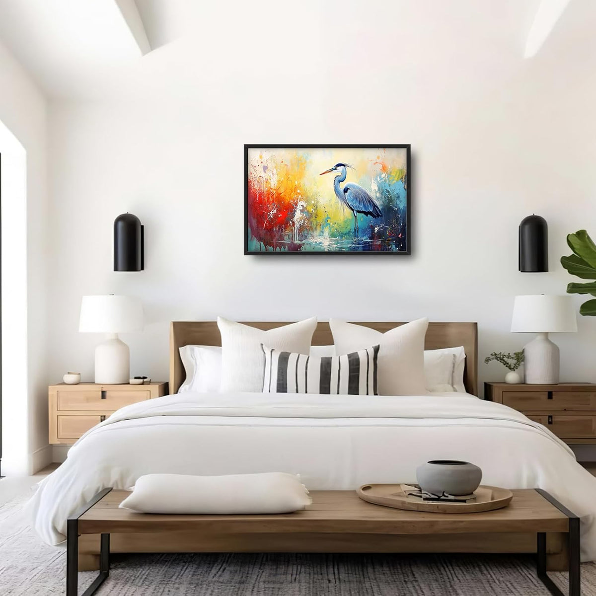 Extra Large Framed Abstract Heron Wall Art,Oversized Colorful Graffiti Heron Wall Decor Pictures