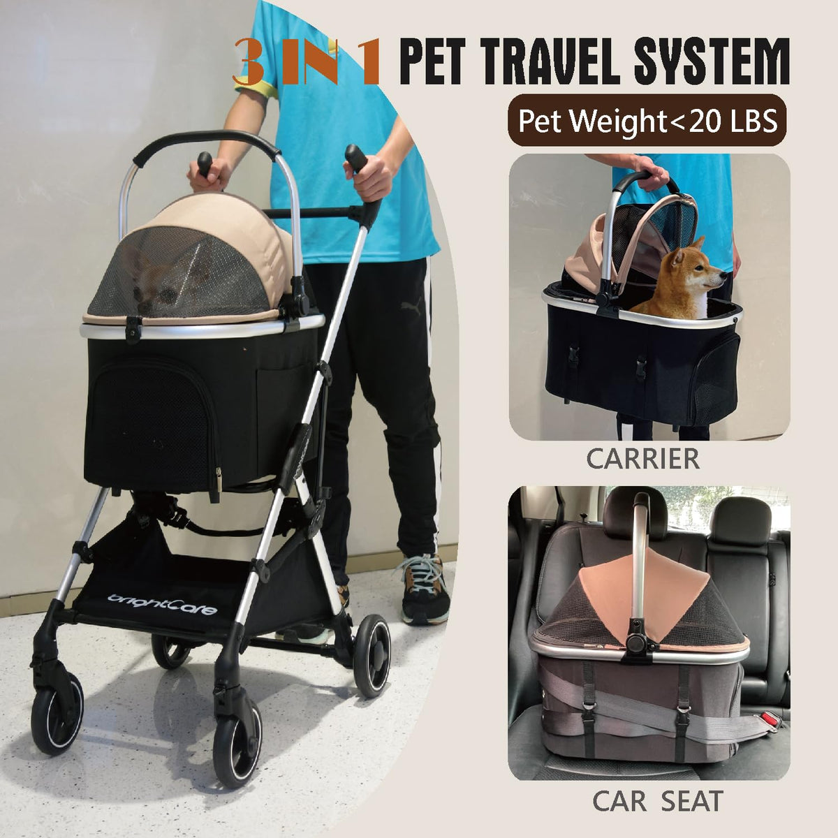 3-in-1 Small Pet Carrier with Stroller for Small Dogs & Cats Under 20 lb – Removable Carrier