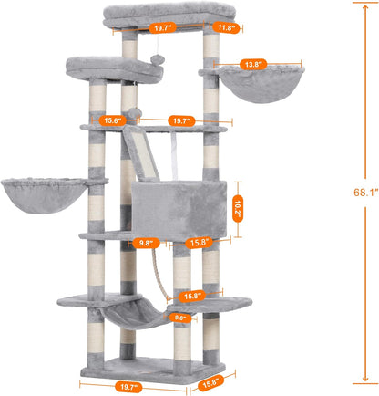 Heybly Cat Tree, 68 inch Multi-Level Cat Tower for Indoor Cats, 2 Widened Plush Perches Cat Condo