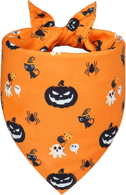 Halloween Dog Bandana for Large Dogs - Reversible Orange Jack-o-Lantern & Spiderweb Print Scarf