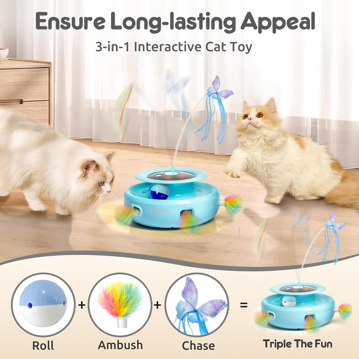 ORSDA Cat Toy, 3-in-1 Automatic Interactive Electronic Moving Ambush Feather, Fluttering Butterfly
