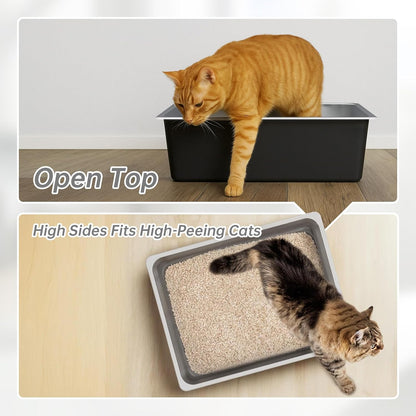 Ohtomber Stainless Steel Litter Box - High Sided Metal Cat Litter Box Pan, Never Absorbs Smell