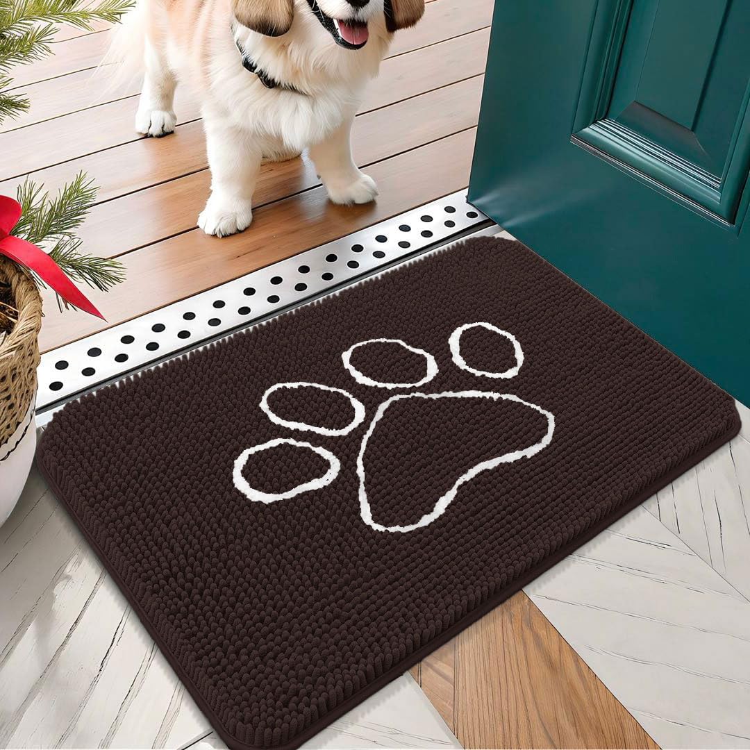 OLANLY Door Mat for Muddy Dog Paws 24x16, Ultra Absorbent Chenille Mud Doormat with Paw Print