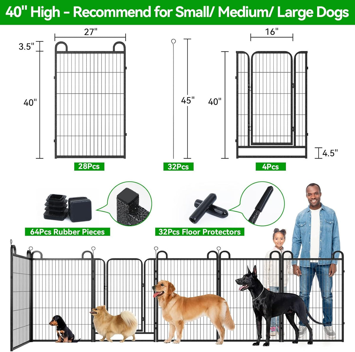 Dog Playpen Outdoor 32 Panels Heavy Duty Dog Fence 40" Height Anti-Rust with Doors Portable for RV