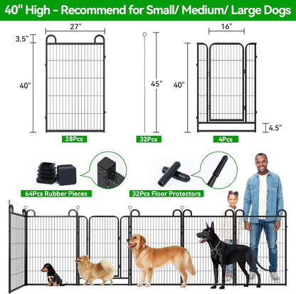 Dog Playpen Outdoor 32 Panels Heavy Duty Dog Fence 40" Height Anti-Rust with Doors Portable for RV