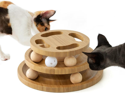 Cat Ball Track Toy with Puzzle Top, Wooden Cat Toys for Indoor Cats with Spinning Balls