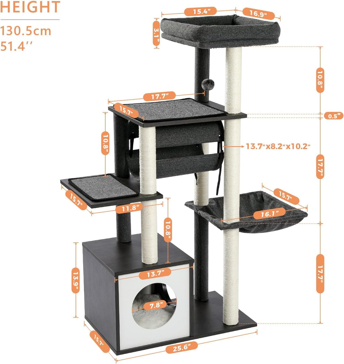 PEQULTI 51.4 Inches Modern Cat Tree Premium 6 Levels Wooden Cat Tower with Fully Sisal Covered