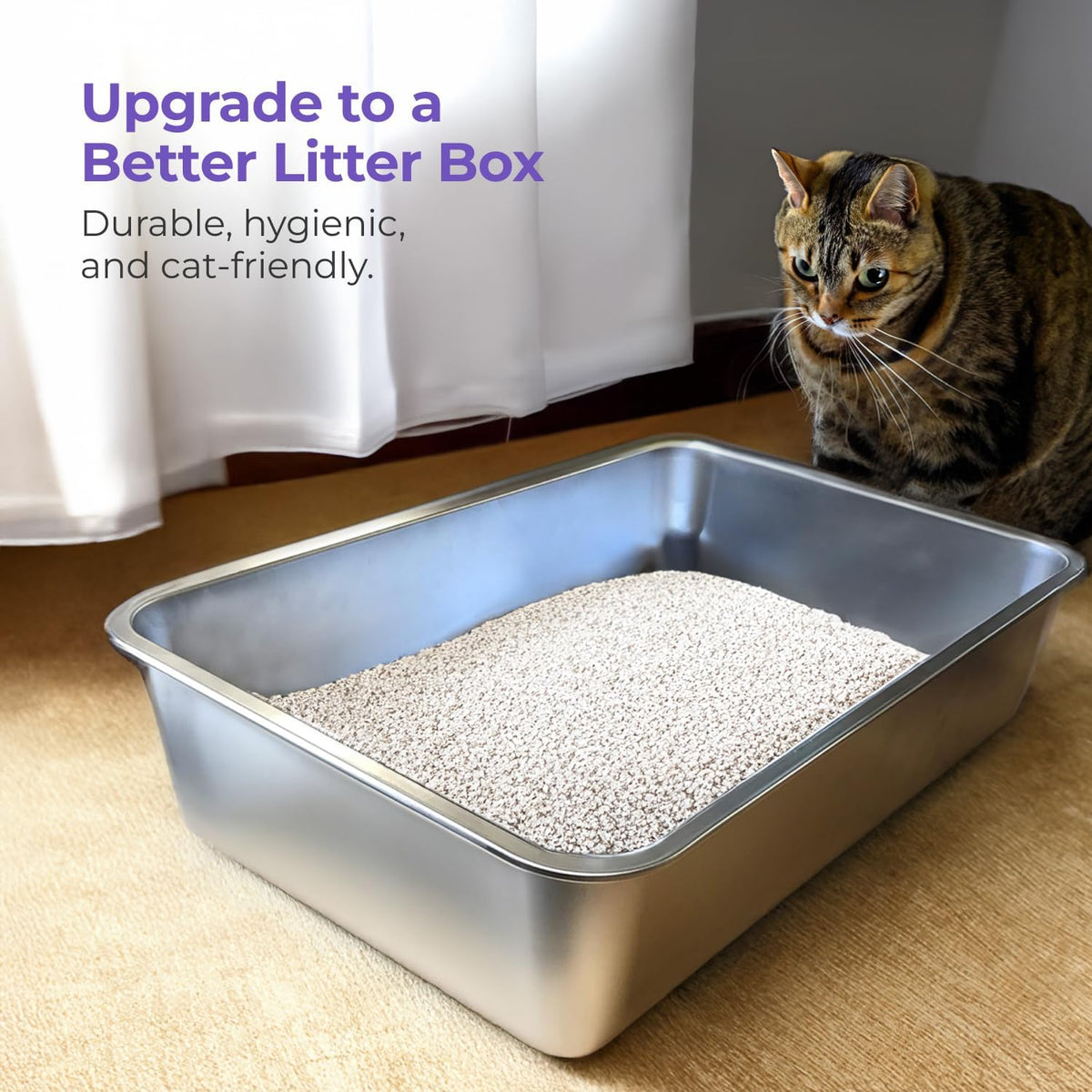 iPrimio Stainless Steel Litter Box - No Stick Litter Pan for Cats - XL Cat Box with Teflon Coating