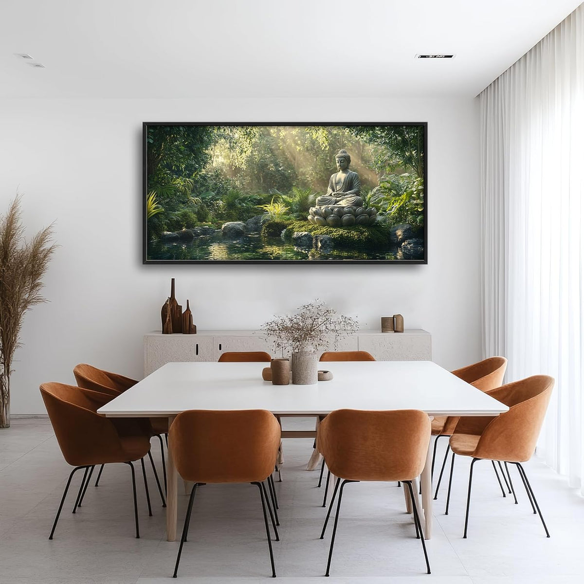 Large Buddha Forest Wall Art for Living Room, Framed Oversized Tree Lake Wall Decor, Nature