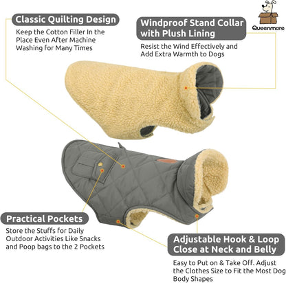 Queenmore Dog Winter Coat - Fleece Jacket, Waterproof Cold Weather Clothes, Thick Warm Cotton