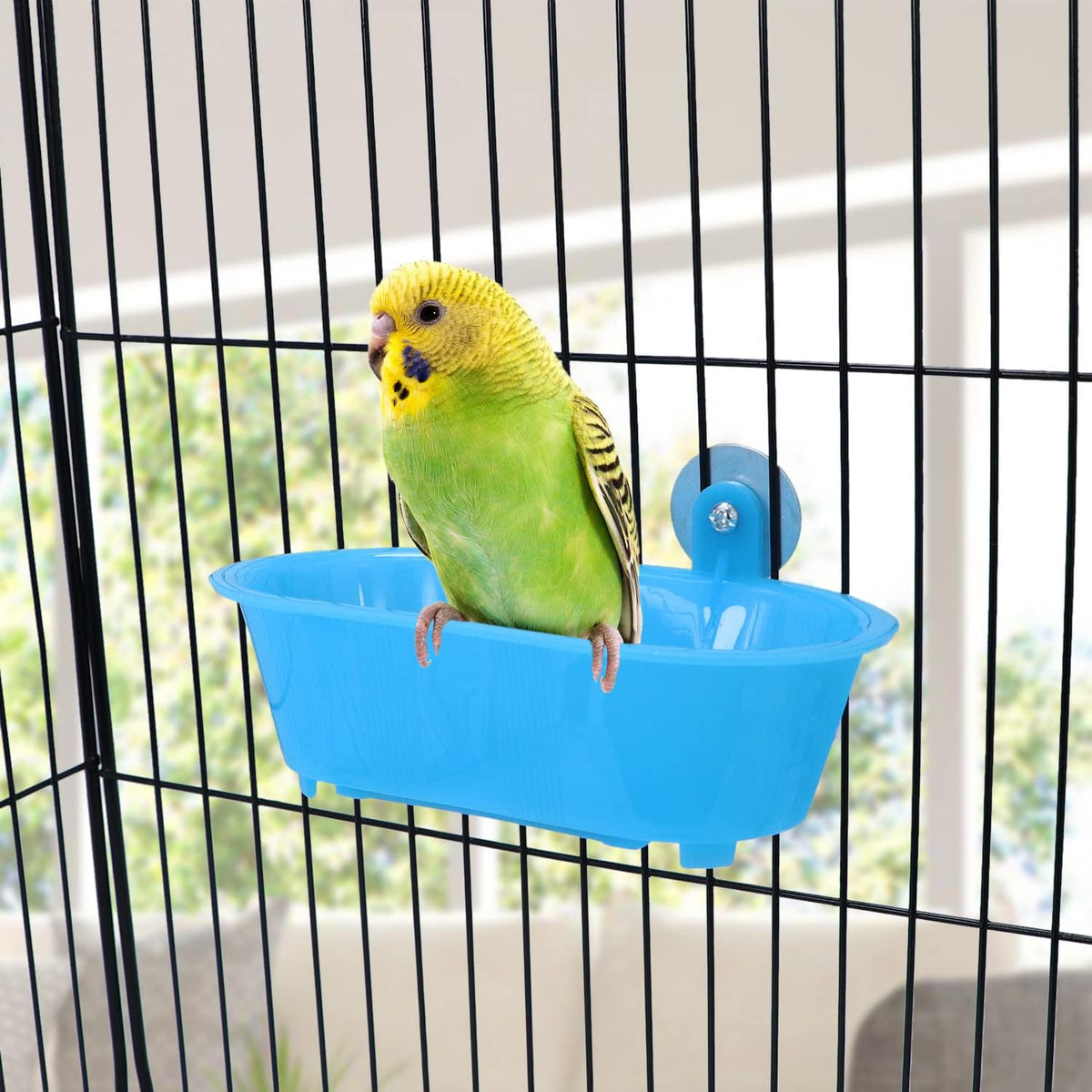 Wontee Bird Bath with Mirror Toy Fixable Parrot Bathroom Tub for Small Brids Parrot Canary Budgies