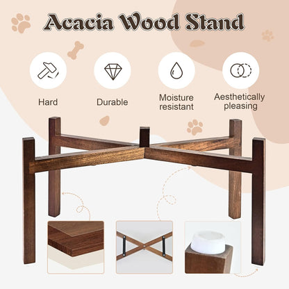 SPUNKYJUNKY Raised Ceramic Dog Bowls Set with Non-Slip Acacia Wood Stand for Large Sized Dog(60.87