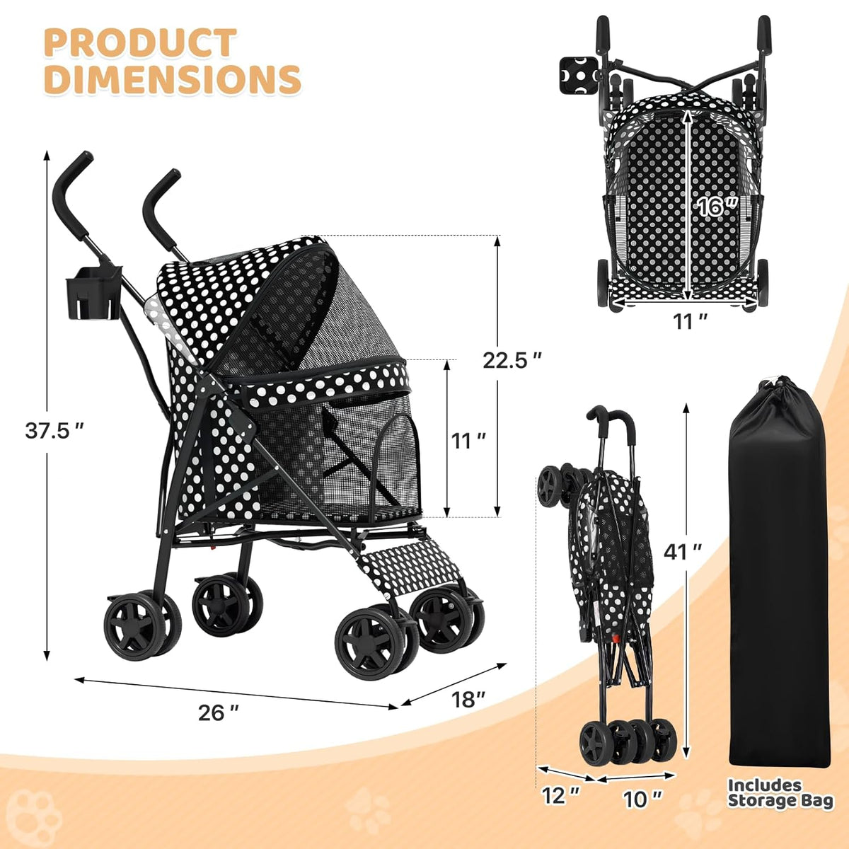 Magshion Compact Pet Stroller for Small-Medium Dogs/Cats up to 22lbs, 4-Wheel Lightweight Umbrella
