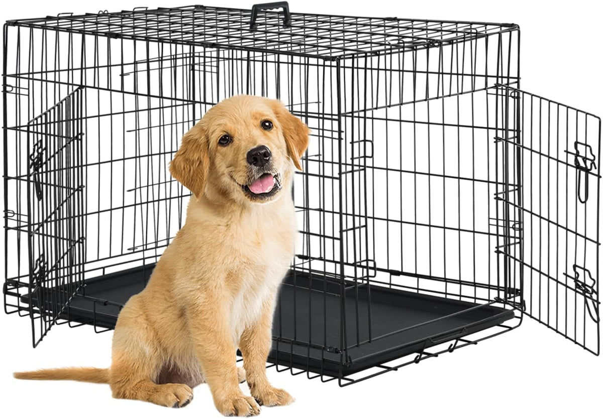 BestPet | Dog Crate | 24" | Black | Foldable Metal Kennel with Double Doors, Secure Slide-Bolt