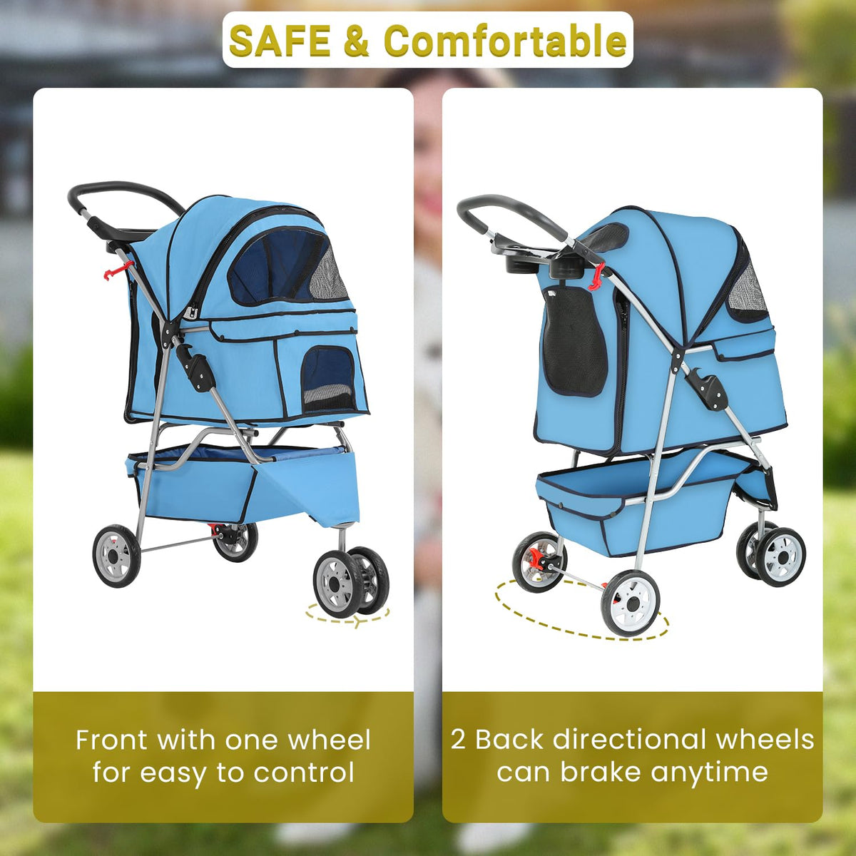 Foldable Pet Stroller for Cats and Dogs 3 Wheels Carrier Strolling Cart with Weather Cover, Mesh