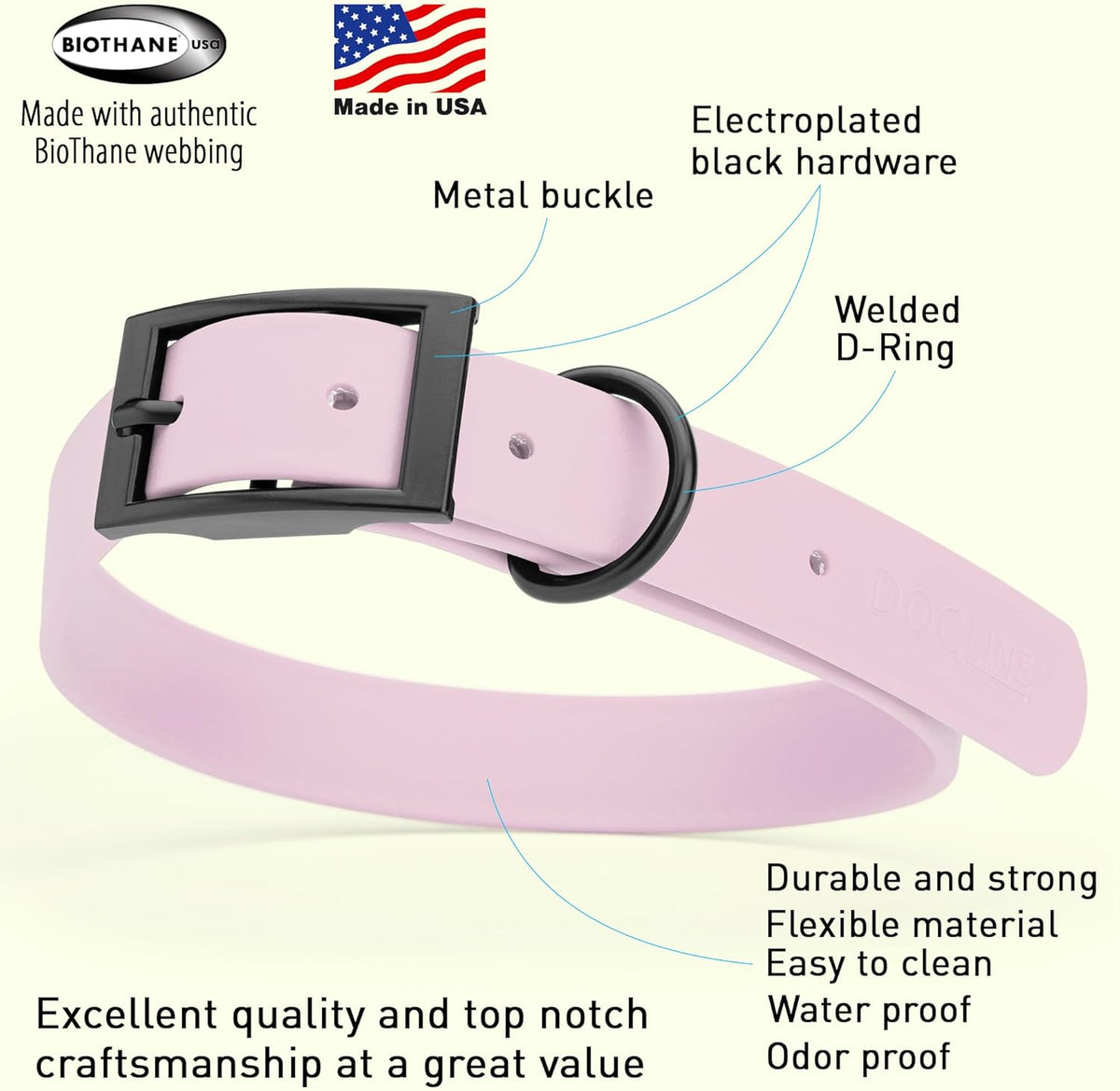 Dogline Biothane Waterproof Dog Collar Strong Coated Nylon Webbing with Black Hardware Odor- Proof