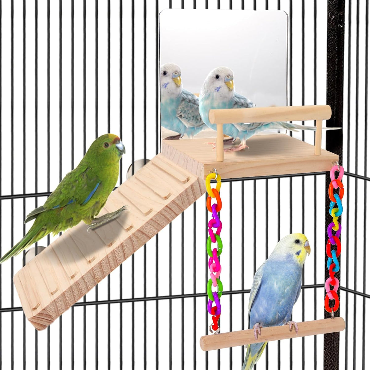 KyoukiBird Perch Platform Bird Toys with Bird Mirror Climbing Ladder Swing, Parakeet Cage
