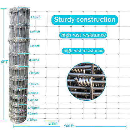Farm Fence 6ft x 100ft Heavy Zinc Coating Field Wire Fencing, Deer Fence, Galvanized Livestock