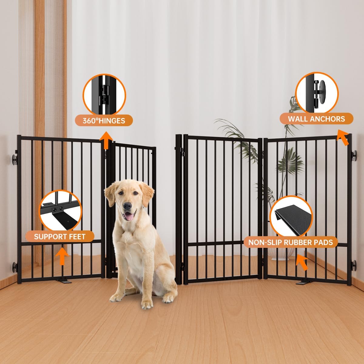 Full Metal Freestanding Dog Gate with Door, 32''Height Foldable Pet Dog Fence for Indoor & Outdoor
