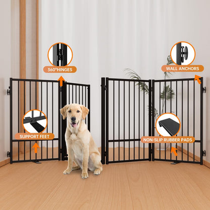 Full Metal Freestanding Dog Gate with Door, 32''Height Foldable Pet Dog Fence for Indoor & Outdoor