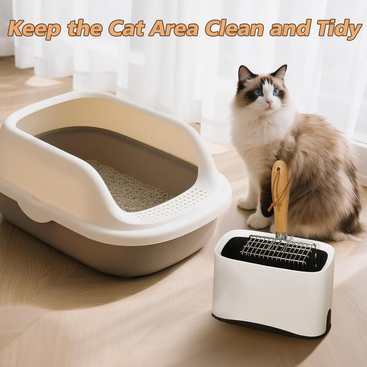 Metal Cat Litter Scoop with Holder, Poop Scooper with Stand&2 Rolls of Garbage Bag, Heavy Duty