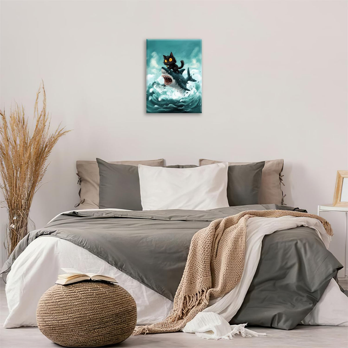 Funny Black Cat Bathroom Wall Art Cute Cat Riding Shark Canvas Wall Decor Animal Kitten Pictures