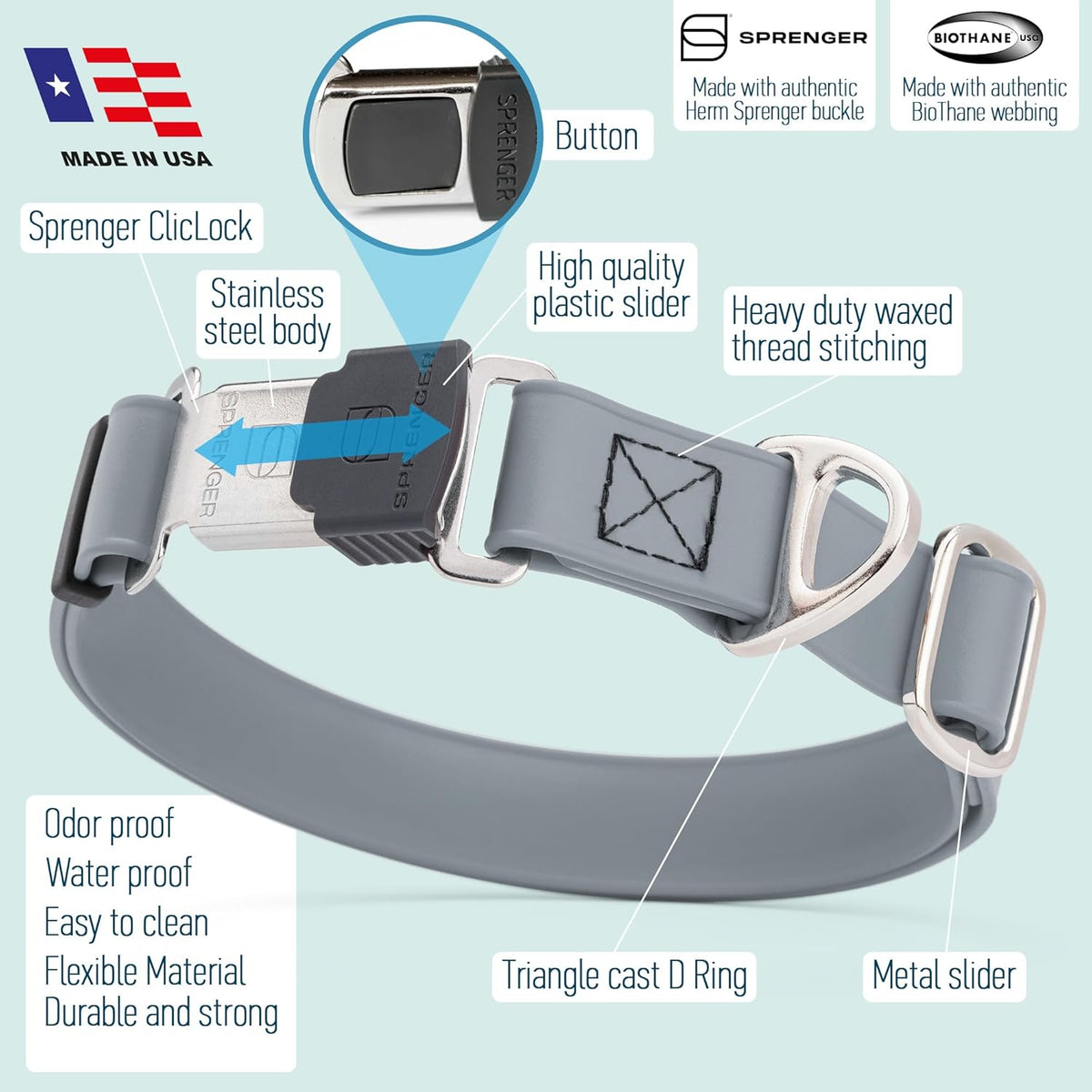 Dogline Biothane Waterproof Dog Collar with Herm Sprenger Stainless Steel Quick Release Buckle
