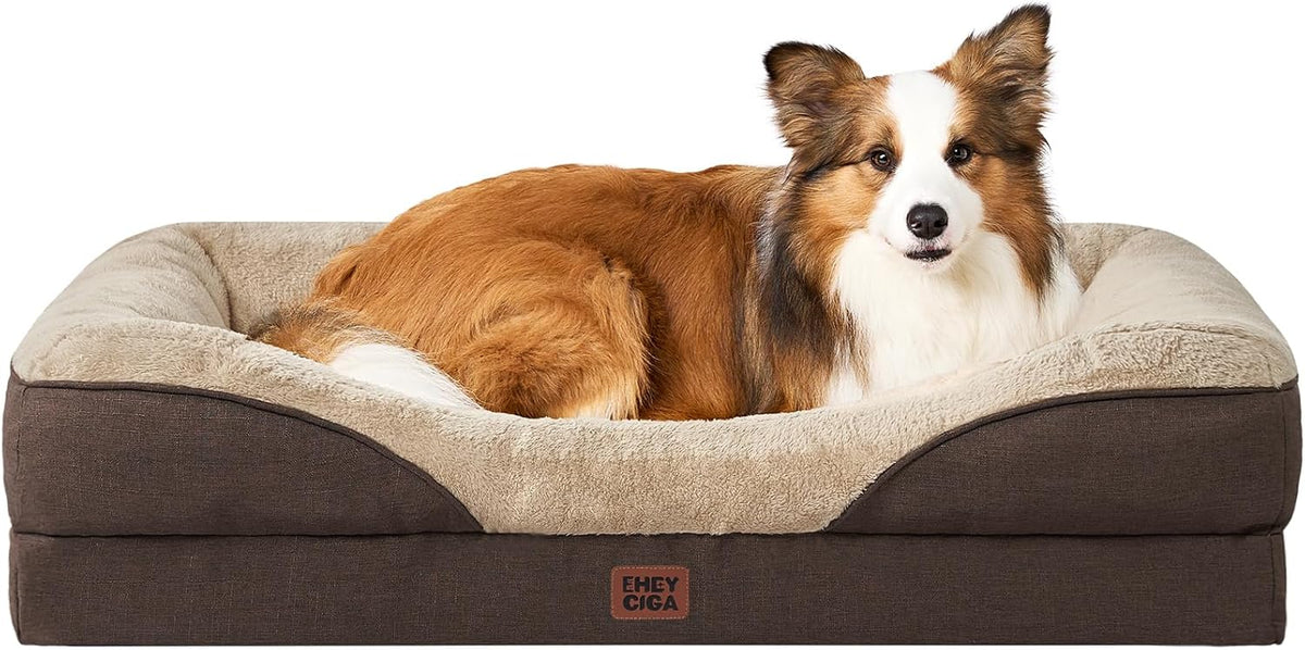 EHEYCIGA Memory Foam Dog Bed for Large Sized, Orthopedic Dog Sofa with Sides and Waterproof Liner