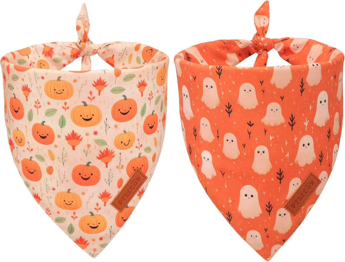 PTDECOR Halloween Dog Bandana, Ghost Pumpkin Design Reversible Holiday Dog Scarf, Triangle