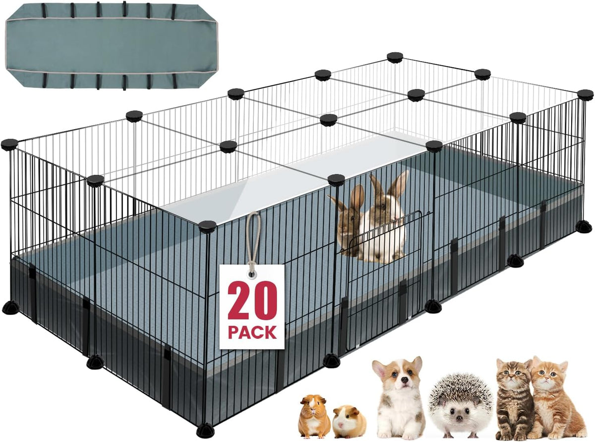 20 Panels Small Animal Playpen, 48" x 24" x 16" Pet Playpen with Waterproof Mat, C&C Cage for