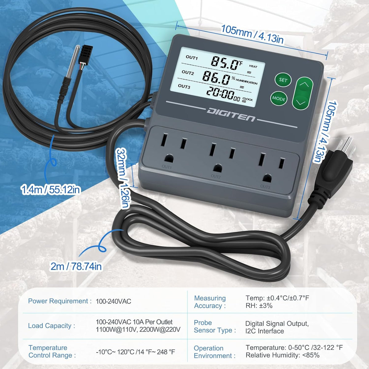 DIGITEN Temperature and Humidity Controller with Timer - 3 Outlet, 2 Separate Probes, Plug in