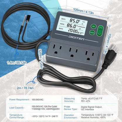 DIGITEN Temperature and Humidity Controller with Timer - 3 Outlet, 2 Separate Probes, Plug in